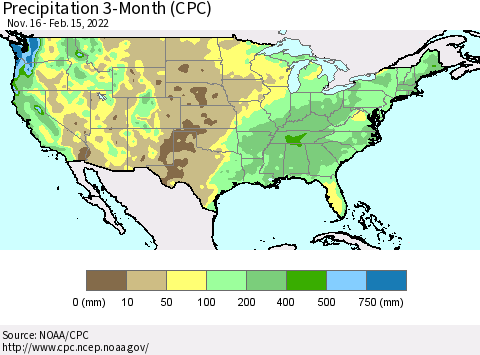 United States Precipitation 3-Month (CPC) Thematic Map For 11/16/2021 - 2/15/2022