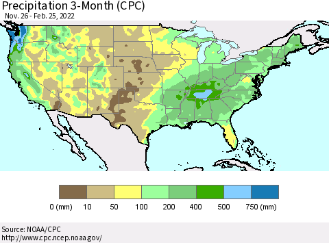 United States Precipitation 3-Month (CPC) Thematic Map For 11/26/2021 - 2/25/2022