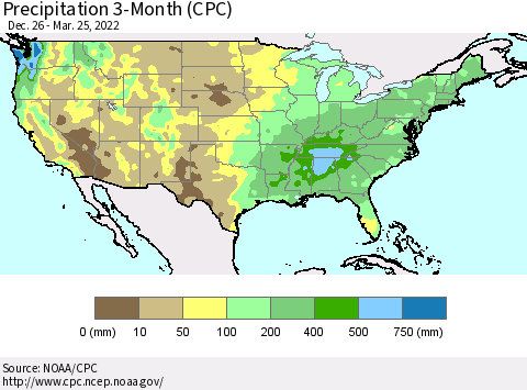 United States Precipitation 3-Month (CPC) Thematic Map For 12/26/2021 - 3/25/2022