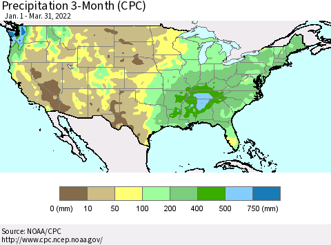 United States Precipitation 3-Month (CPC) Thematic Map For 1/1/2022 - 3/31/2022