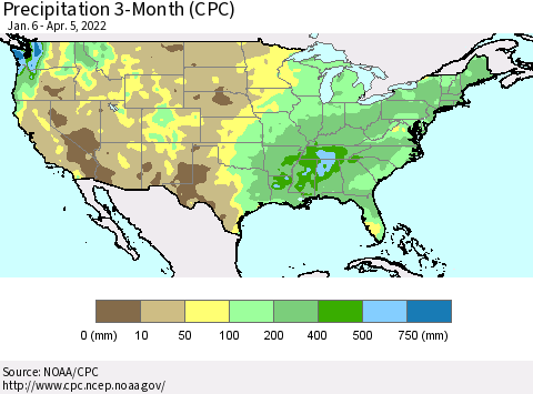 United States Precipitation 3-Month (CPC) Thematic Map For 1/6/2022 - 4/5/2022