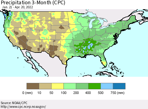 United States Precipitation 3-Month (CPC) Thematic Map For 1/21/2022 - 4/20/2022