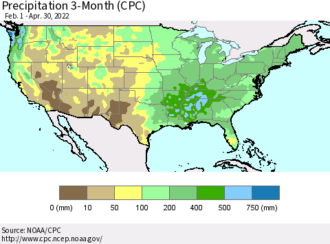 United States Precipitation 3-Month (CPC) Thematic Map For 2/1/2022 - 4/30/2022
