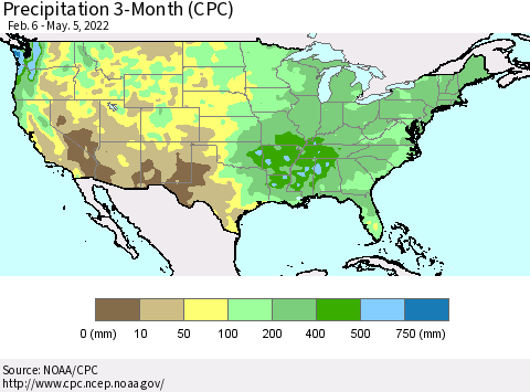 United States Precipitation 3-Month (CPC) Thematic Map For 2/6/2022 - 5/5/2022
