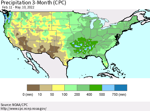 United States Precipitation 3-Month (CPC) Thematic Map For 2/11/2022 - 5/10/2022