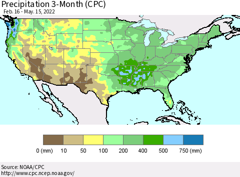 United States Precipitation 3-Month (CPC) Thematic Map For 2/16/2022 - 5/15/2022