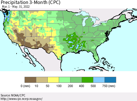 United States Precipitation 3-Month (CPC) Thematic Map For 3/1/2022 - 5/31/2022