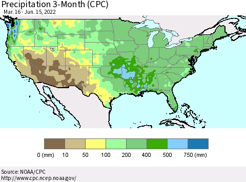 United States Precipitation 3-Month (CPC) Thematic Map For 3/16/2022 - 6/15/2022