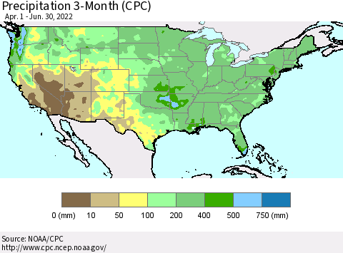 United States Precipitation 3-Month (CPC) Thematic Map For 4/1/2022 - 6/30/2022
