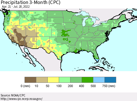 United States Precipitation 3-Month (CPC) Thematic Map For 4/21/2022 - 7/20/2022