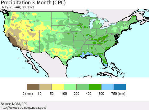 United States Precipitation 3-Month (CPC) Thematic Map For 5/21/2022 - 8/20/2022