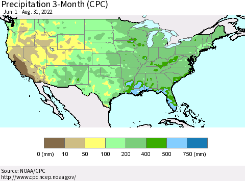 United States Precipitation 3-Month (CPC) Thematic Map For 6/1/2022 - 8/31/2022