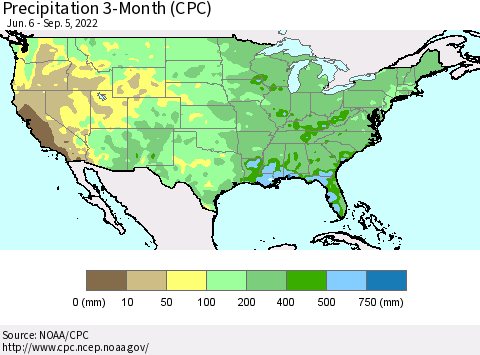 United States Precipitation 3-Month (CPC) Thematic Map For 6/6/2022 - 9/5/2022