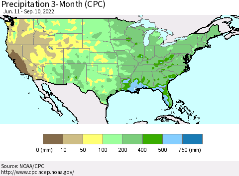 United States Precipitation 3-Month (CPC) Thematic Map For 6/11/2022 - 9/10/2022