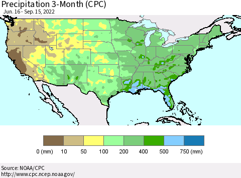 United States Precipitation 3-Month (CPC) Thematic Map For 6/16/2022 - 9/15/2022