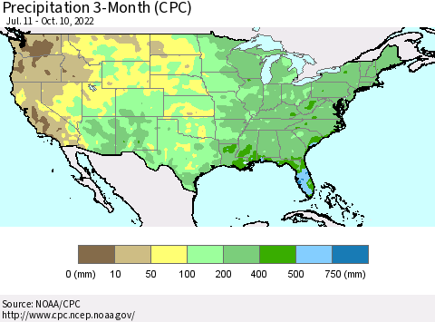 United States Precipitation 3-Month (CPC) Thematic Map For 7/11/2022 - 10/10/2022
