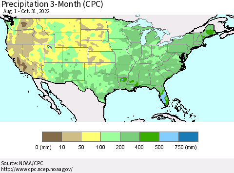 United States Precipitation 3-Month (CPC) Thematic Map For 8/1/2022 - 10/31/2022