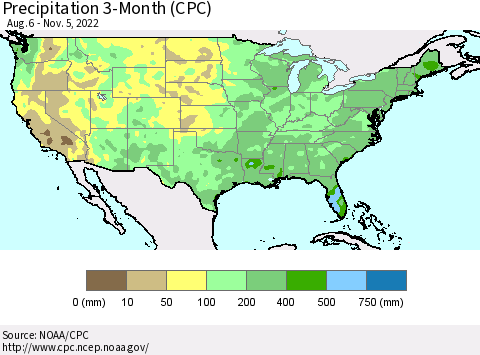 United States Precipitation 3-Month (CPC) Thematic Map For 8/6/2022 - 11/5/2022