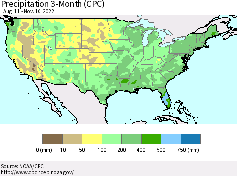 United States Precipitation 3-Month (CPC) Thematic Map For 8/11/2022 - 11/10/2022