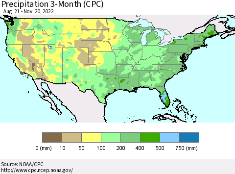 United States Precipitation 3-Month (CPC) Thematic Map For 8/21/2022 - 11/20/2022