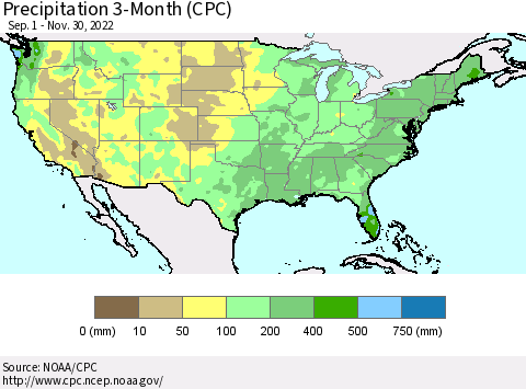 United States Precipitation 3-Month (CPC) Thematic Map For 9/1/2022 - 11/30/2022