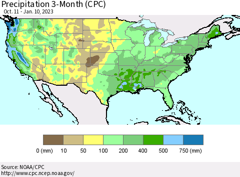United States Precipitation 3-Month (CPC) Thematic Map For 10/11/2022 - 1/10/2023