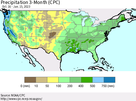 United States Precipitation 3-Month (CPC) Thematic Map For 10/16/2022 - 1/15/2023