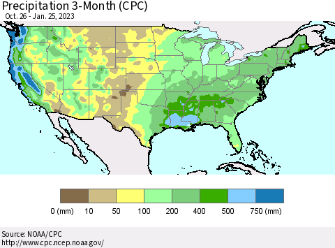 United States Precipitation 3-Month (CPC) Thematic Map For 10/26/2022 - 1/25/2023