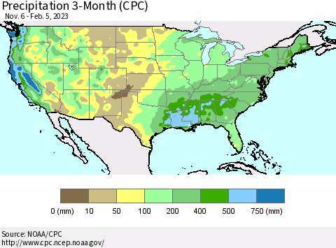 United States Precipitation 3-Month (CPC) Thematic Map For 11/6/2022 - 2/5/2023
