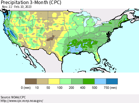 United States Precipitation 3-Month (CPC) Thematic Map For 11/11/2022 - 2/10/2023