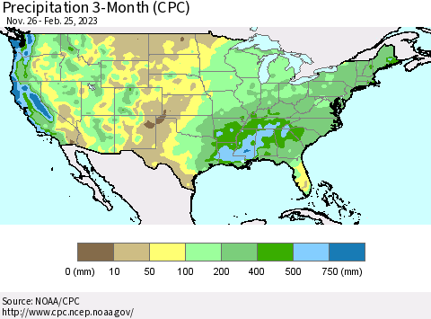 United States Precipitation 3-Month (CPC) Thematic Map For 11/26/2022 - 2/25/2023