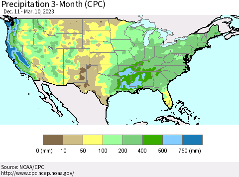 United States Precipitation 3-Month (CPC) Thematic Map For 12/11/2022 - 3/10/2023