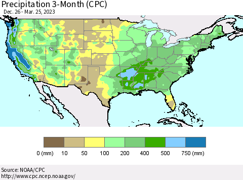 United States Precipitation 3-Month (CPC) Thematic Map For 12/26/2022 - 3/25/2023