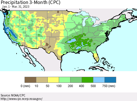 United States Precipitation 3-Month (CPC) Thematic Map For 1/1/2023 - 3/31/2023