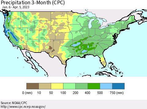 United States Precipitation 3-Month (CPC) Thematic Map For 1/6/2023 - 4/5/2023