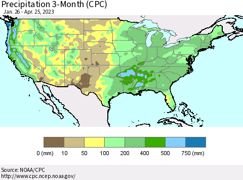 United States Precipitation 3-Month (CPC) Thematic Map For 1/26/2023 - 4/25/2023
