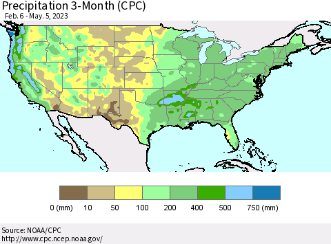 United States Precipitation 3-Month (CPC) Thematic Map For 2/6/2023 - 5/5/2023