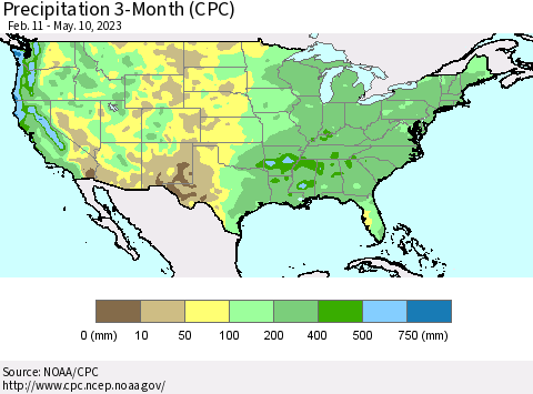 United States Precipitation 3-Month (CPC) Thematic Map For 2/11/2023 - 5/10/2023