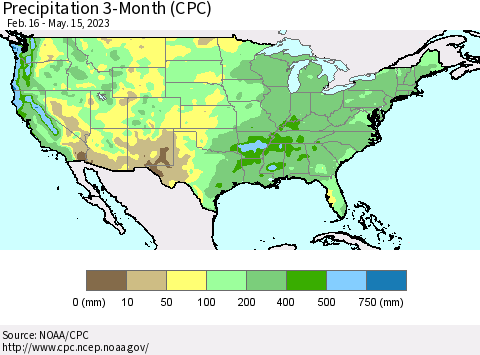 United States Precipitation 3-Month (CPC) Thematic Map For 2/16/2023 - 5/15/2023