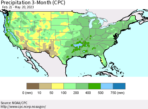 United States Precipitation 3-Month (CPC) Thematic Map For 2/21/2023 - 5/20/2023