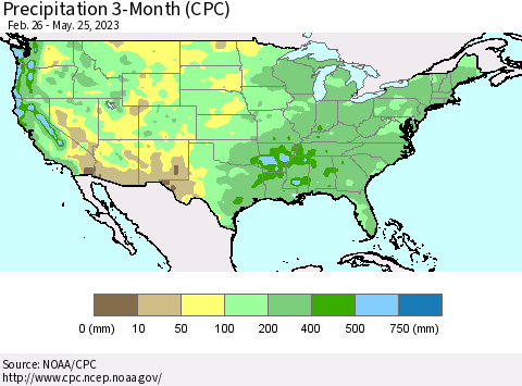 United States Precipitation 3-Month (CPC) Thematic Map For 2/26/2023 - 5/25/2023