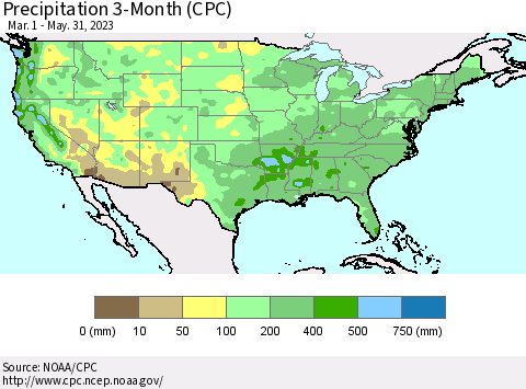 United States Precipitation 3-Month (CPC) Thematic Map For 3/1/2023 - 5/31/2023
