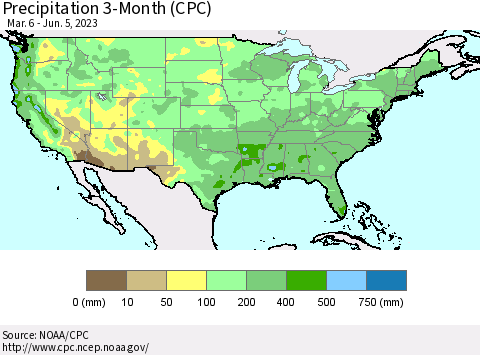United States Precipitation 3-Month (CPC) Thematic Map For 3/6/2023 - 6/5/2023