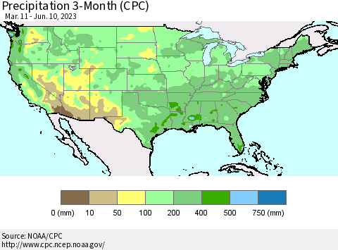 United States Precipitation 3-Month (CPC) Thematic Map For 3/11/2023 - 6/10/2023
