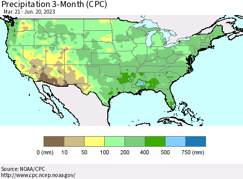 United States Precipitation 3-Month (CPC) Thematic Map For 3/21/2023 - 6/20/2023