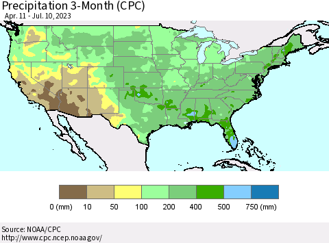 United States Precipitation 3-Month (CPC) Thematic Map For 4/11/2023 - 7/10/2023