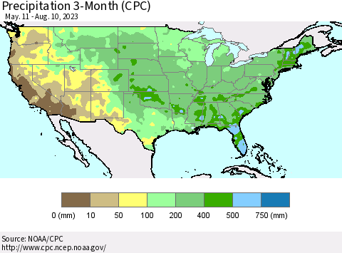 United States Precipitation 3-Month (CPC) Thematic Map For 5/11/2023 - 8/10/2023