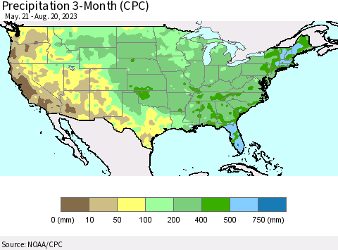 United States Precipitation 3-Month (CPC) Thematic Map For 5/21/2023 - 8/20/2023