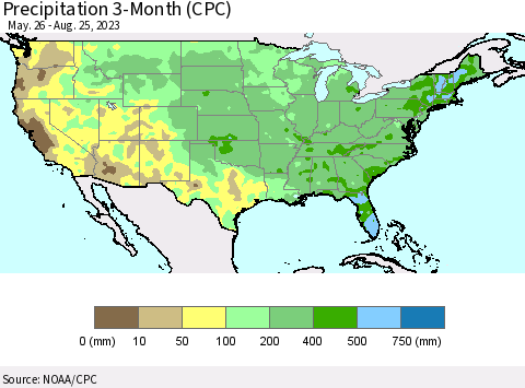 United States Precipitation 3-Month (CPC) Thematic Map For 5/26/2023 - 8/25/2023