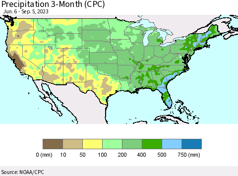 United States Precipitation 3-Month (CPC) Thematic Map For 6/6/2023 - 9/5/2023